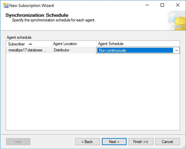 new subscription wizard synchronization schedule