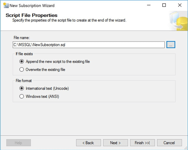 new subscription wizard script file properties