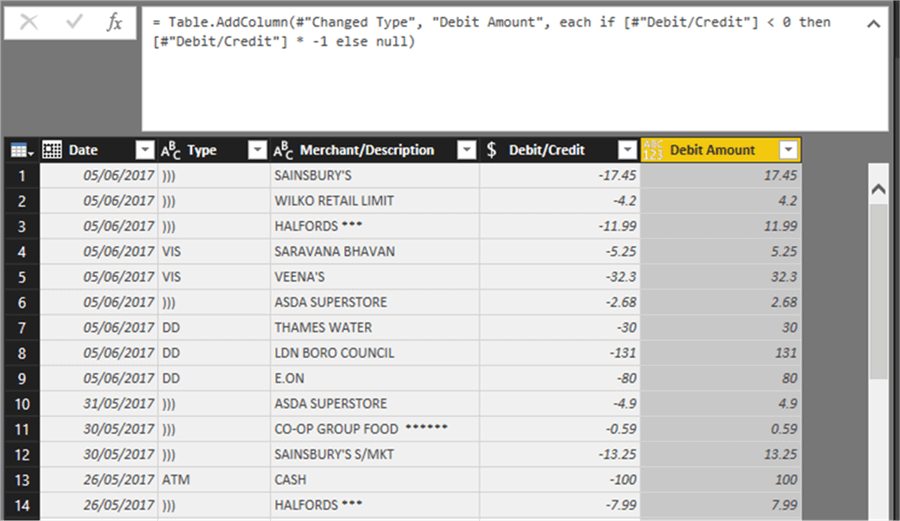 Adding debit amount column - Description: Adding debit amount column