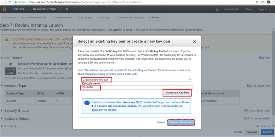 On Select an existing key pair or create a new key pair dialog box click on create new key pair or select an existing key pair and give key pair name and click on download to download key pair. (Save the key pair in secured location). Hit Launch Instance. - Description: On Select an existing key pair or create a new key pair dialog box click on create new key pair or select an existing key pair and give key pair name and click on download to download key pair. (Save the key pair in secured location). Hit Launch Instance.