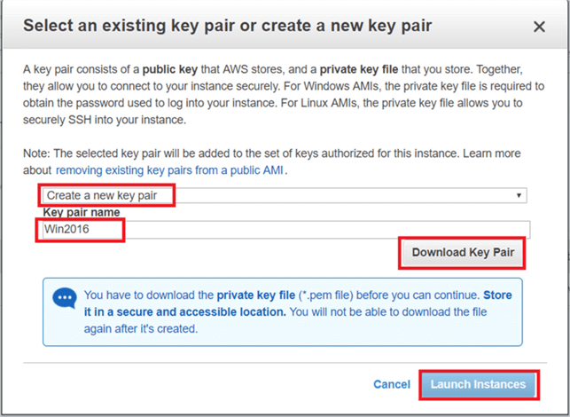 On Select an existing key pair or create a new key pair dialog box click on create new key pair or select an existing key pair and give key pair name and click on download to download key pair. (Save the key pair in secured location). Hit Launch Instance. - Description: On Select an existing key pair or create a new key pair dialog box click on create new key pair or select an existing key pair and give key pair name and click on download to download key pair. (Save the key pair in secured location). Hit Launch Instance.