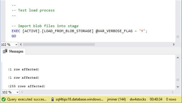 Azure SQL DW & PolyBase - Test load process - Description: Screen shot from SSMS showing the total time for the load process.