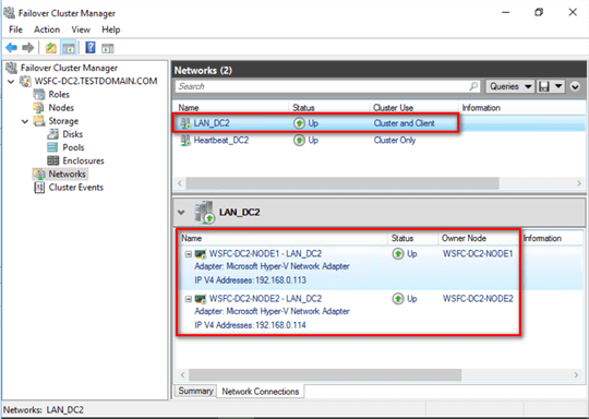 failover cluster manager LAN configuration