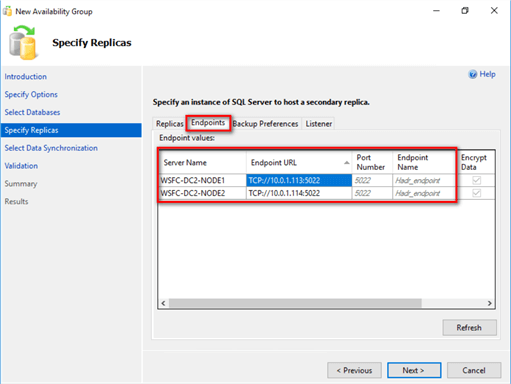 specify replicas for the new Availability Group