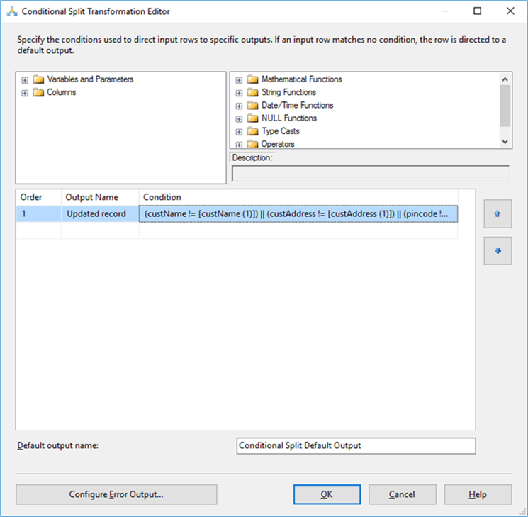finding updated records in the Conditional Split Transformation Editor - Description: finding updated records