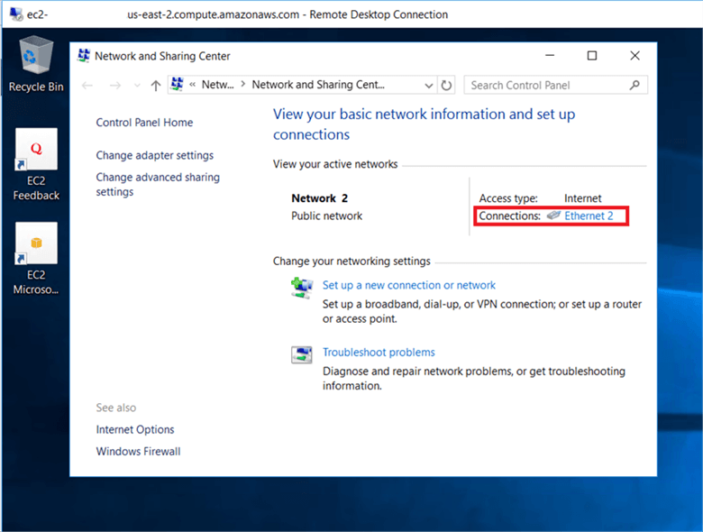 Here I will share how to verify and update the DNS records in EC2 Instance server. - Description: Here I will share how to verify and update the DNS records in EC2 Instance server.
Go to the network and sharing center and click on Ethernet connection.
