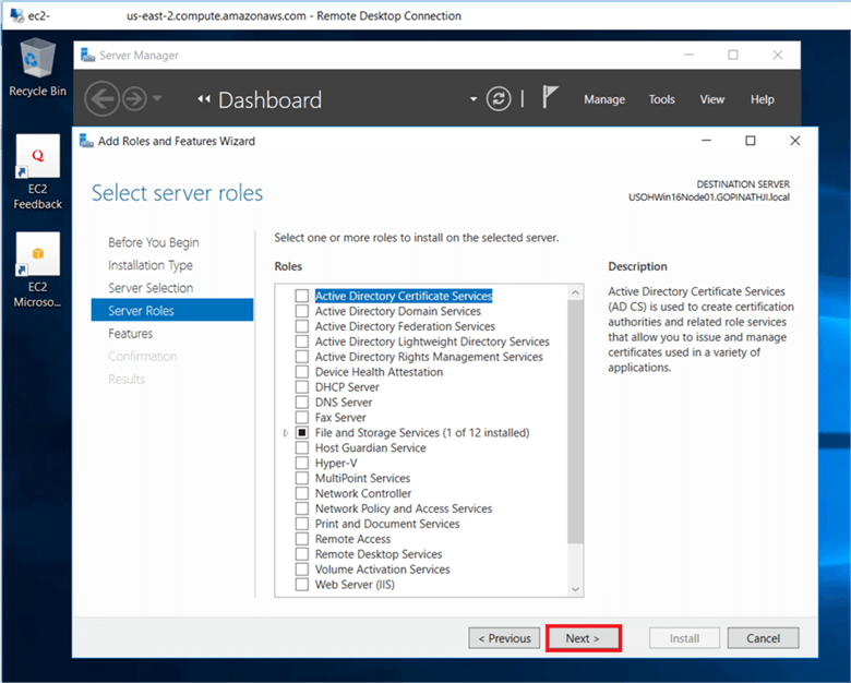 On select server roles dialog box, no need to select anything, click next. - Description: On select server roles dialog box, no need to select anything, click next.