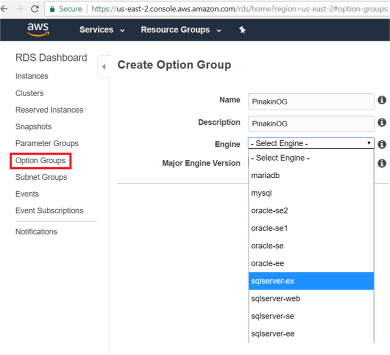 On Create Option Group page, give option group name, discretion and select your database engine along with edition from engine drop down menu, Here I am configuring SQL server express edition so we have selected sqlserver-ex. - Description: On Create Option Group page, give option group name, discretion and select your database engine along with edition from engine drop down menu, Here I am configuring SQL server express edition so we have selected sqlserver-ex.