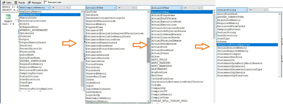 SQL Server v17.x Management Studio showplan node search field list of properties
