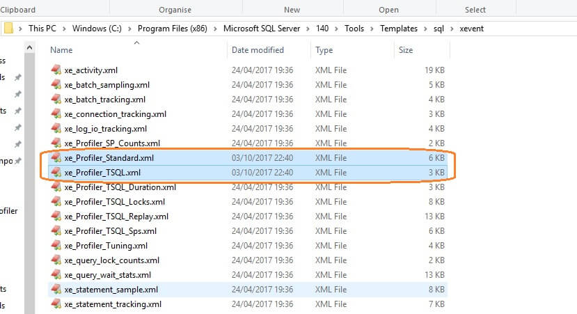 Extended events sessions templates files location