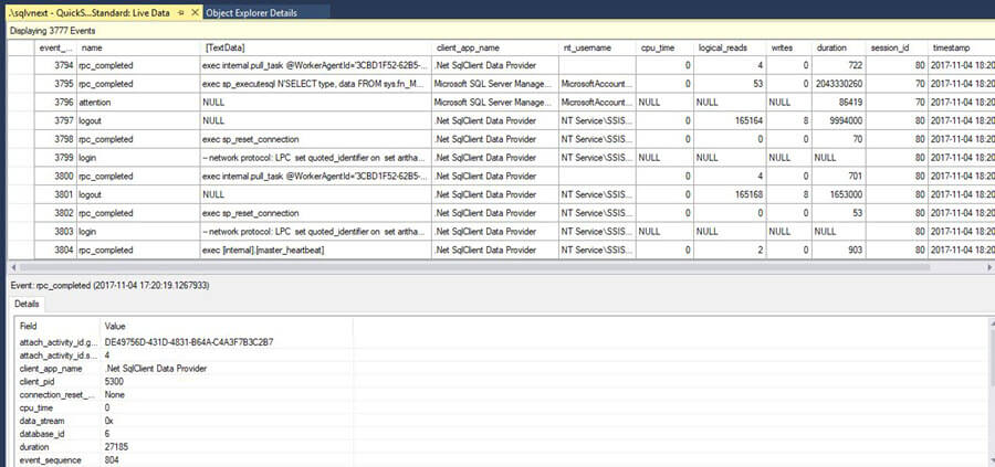 XEvent profiler output live data window
