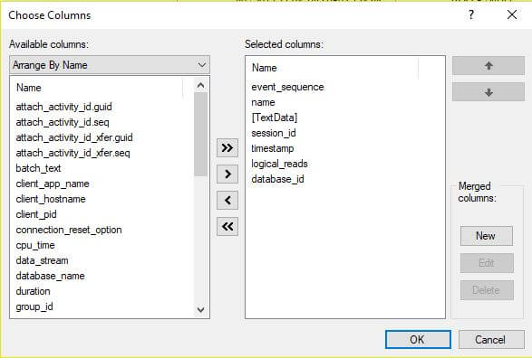 select the coumns for Add more columns in output of the Xevent profiler