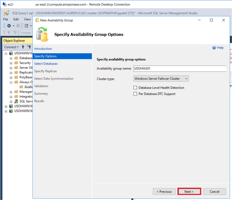 specify availability group options