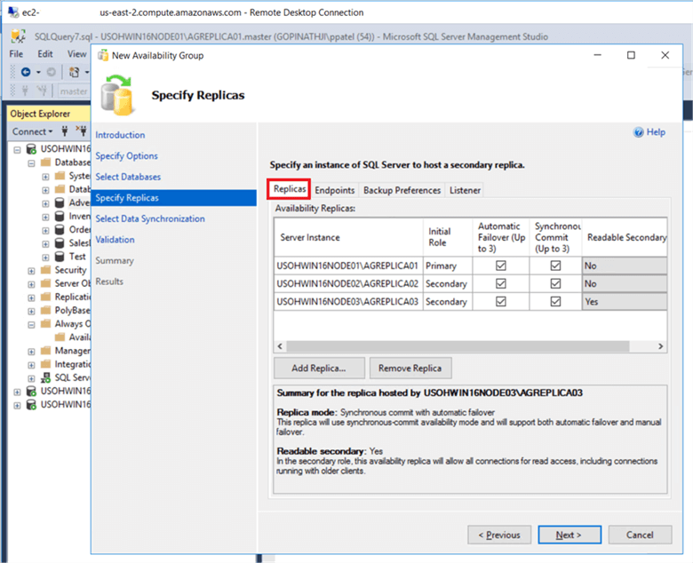 specify availability group replicas