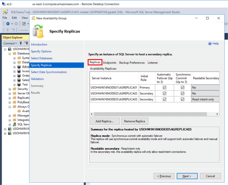 specify availability group replicas