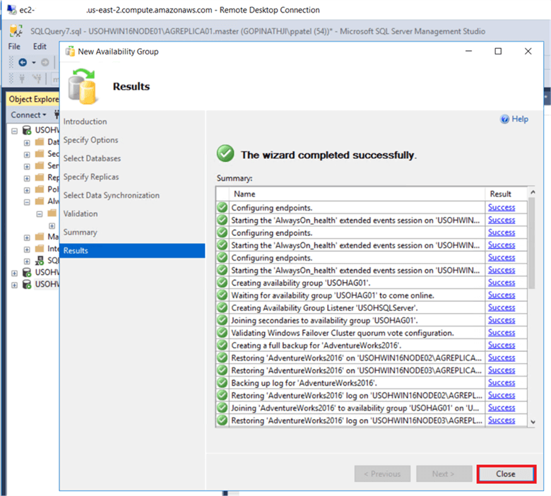 availability group setup results