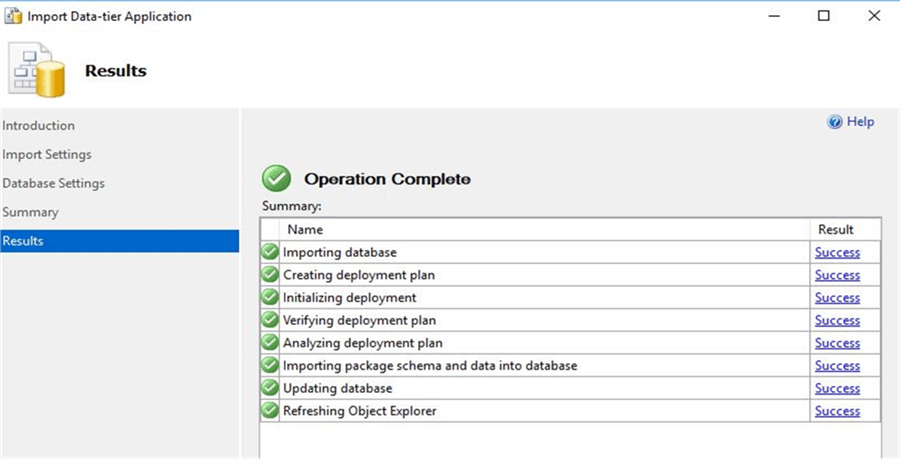 Import Data-tier application Results