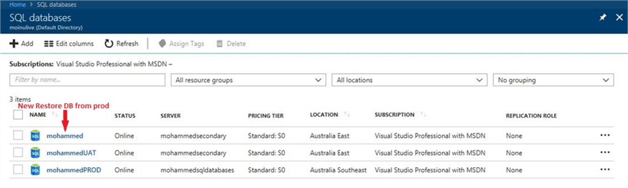 Azure portal after DB restore