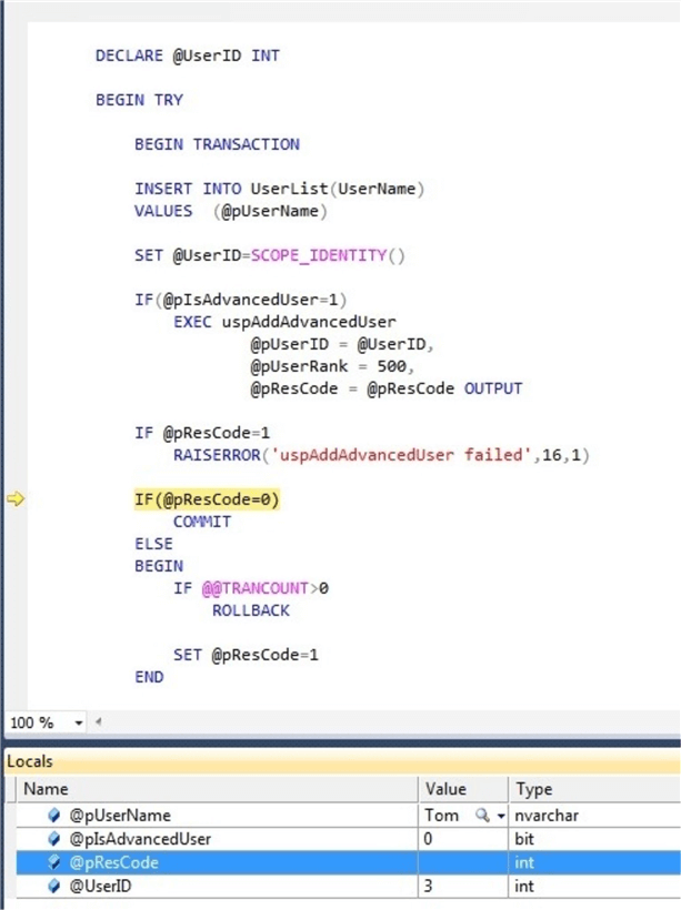 debug code in ssms