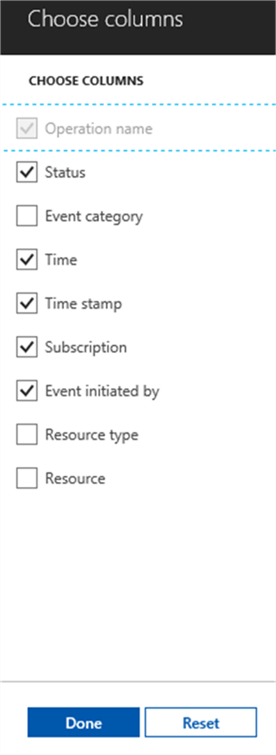 SQL Azure server activity log columns - Description: Choose SQL Azure server activity log columns