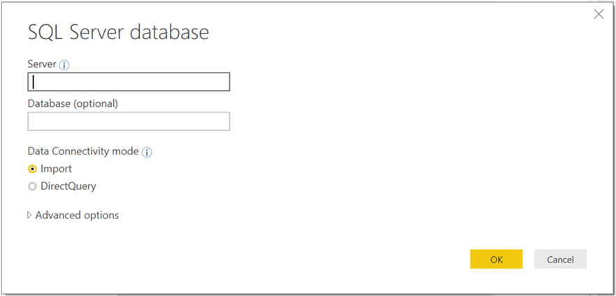 SQL Server Database Connection in Power BI Desktop - Description: Server