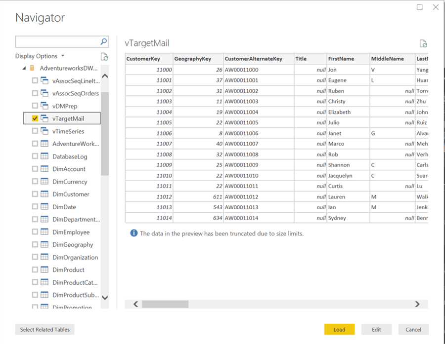 Preview and Load data in Power BI Desktop - Description: Preview