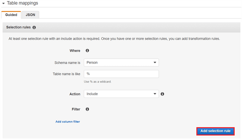 On Create Task page, under table mapping after selecting all it will appear as shown below; after that add the selection rules. - Description: On Create Task page, under table mapping after selecting all it will appear as shown below; after that add the selection rules.
