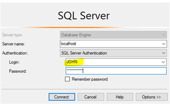 login screen - Description: log in as [John]