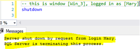 shutdown - Description: Mary can shutdown sql instance
