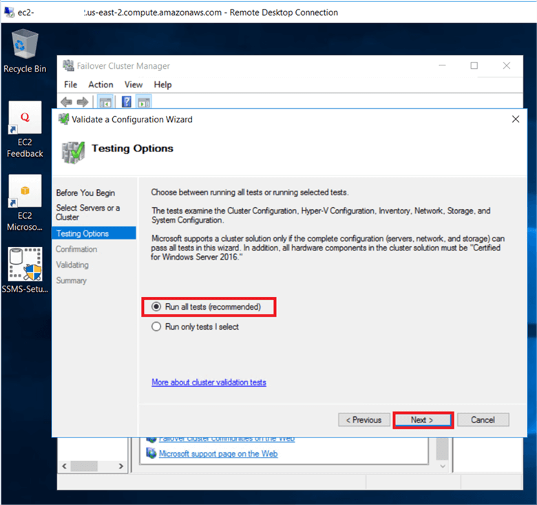 On the Testing Options dialog box, Select Run all tests (recommended) and click Next. This will run all the required tests to validate whether or not the server nodes are OK for the windows failover cluster. - Description: On the Testing Options dialog box, Select Run all tests (recommended) and click Next. This will run all the required tests to validate whether or not the server nodes are OK for the windows failover cluster.