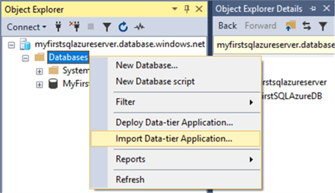 SSMS Import bacpac option - Description: SSMS Import bacpac option