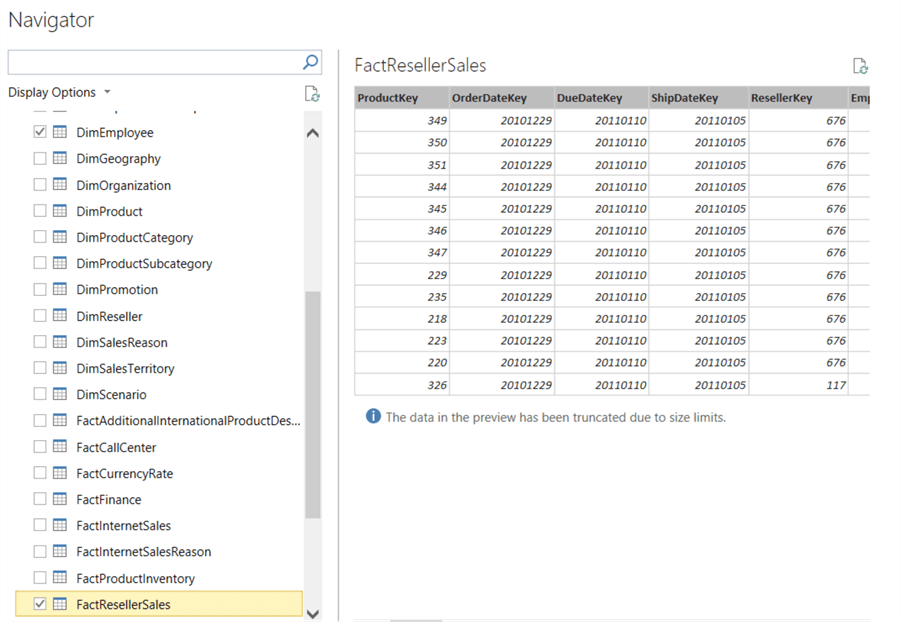 choose tables in navigator