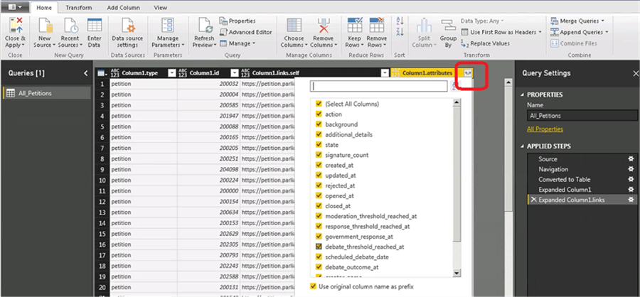Expanded attribute column - Description: Expanded attribute column