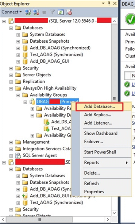 Start Adding database to AOAG - Description: Start Adding database to AOAG