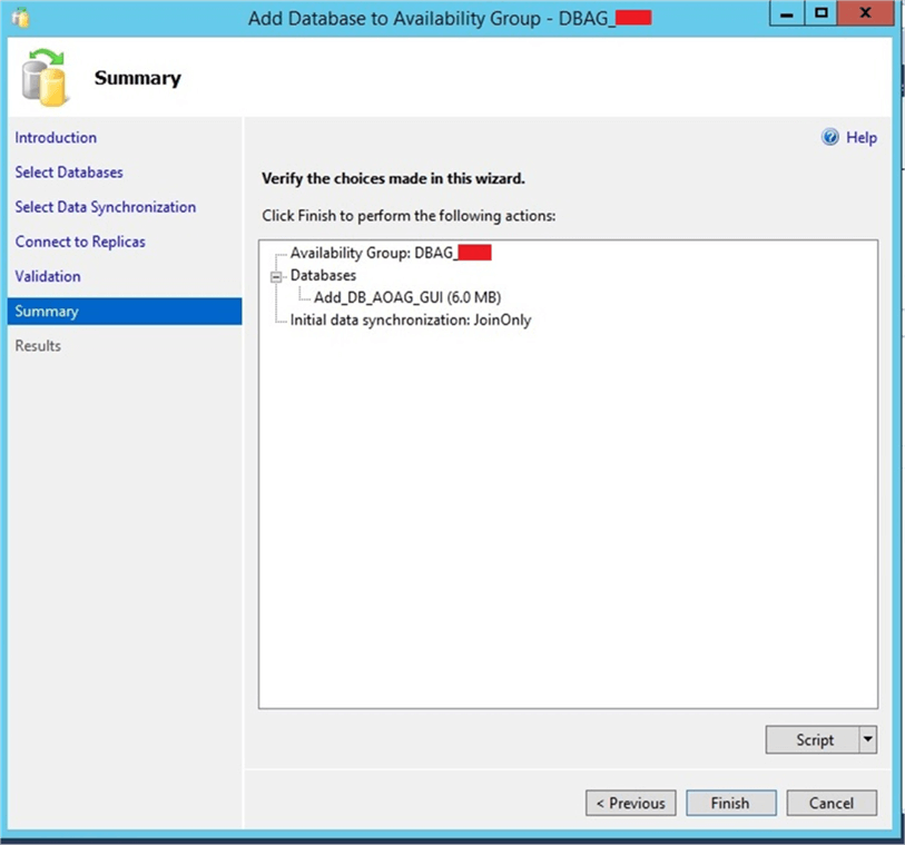 AOAG Configuration Summary windows - Description: AOAG Configuration Summary windows