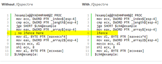 Qspectre - Description: Comparisson of code generated with and without /Qspectre switch.