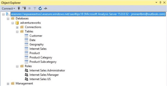 SSMS - Analysis Services - Description: We can manage a Azure AS server with SSMS.