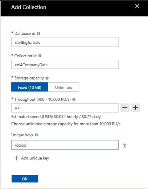 Cosmos DB - Adding a collection - Description: The add collection dialog box.