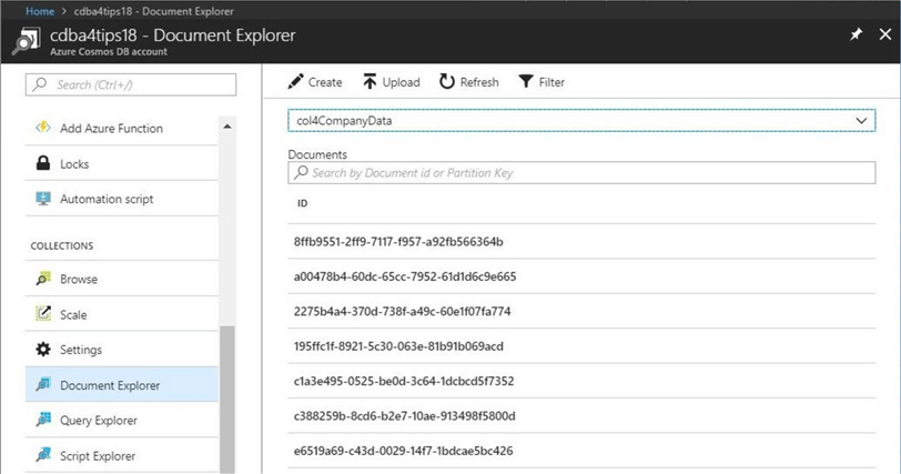Cosmos DB - Document Explorer - Description: Viewing the assigned global unique identifiers attached to the seven records.