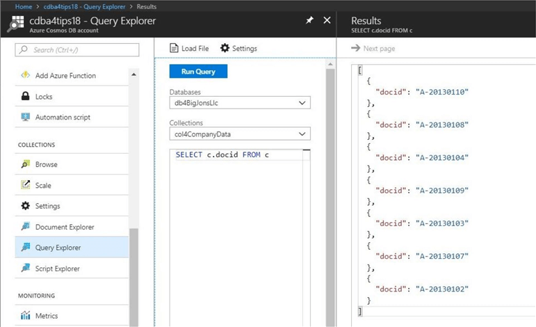 Cosmos DB - Query Explorer - Description: Listing the ids for the seven uploaded documents.
