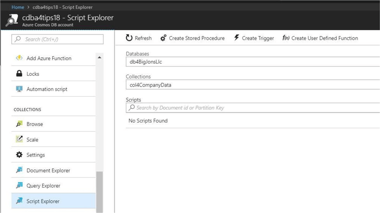 Cosmos DB - Script Explorer - Description: We will be talking about custom JavaScript coding in the future.