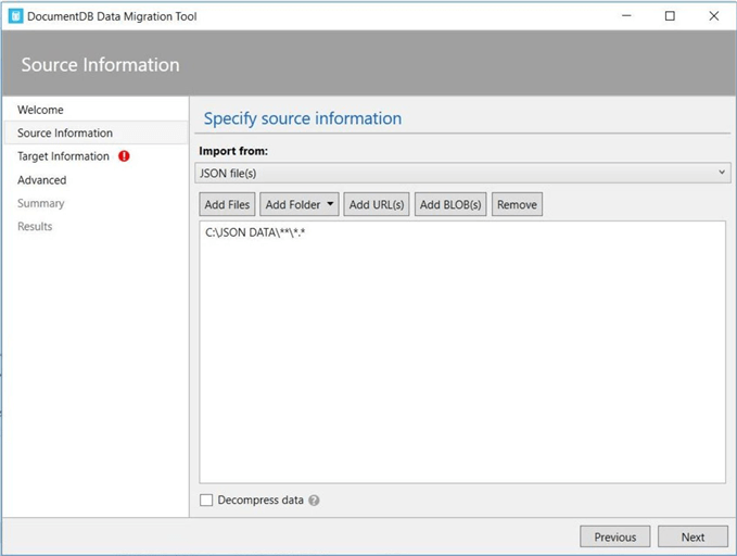 Data Migration Utility - Screen 2 - Description: Source information screen shown from migration tool.