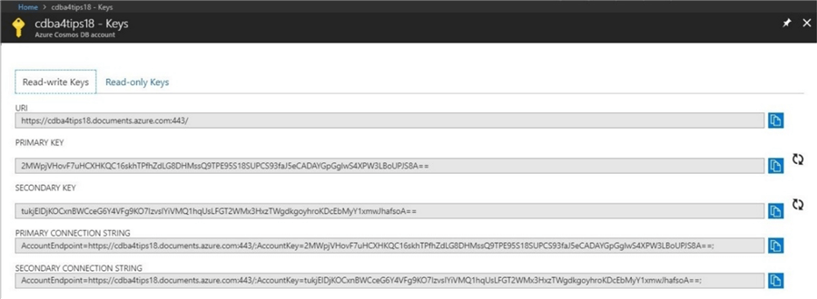 Azure Portal - Cosmos DB Keys - Description: The URL and PRIMARY KEY associated with the database account.