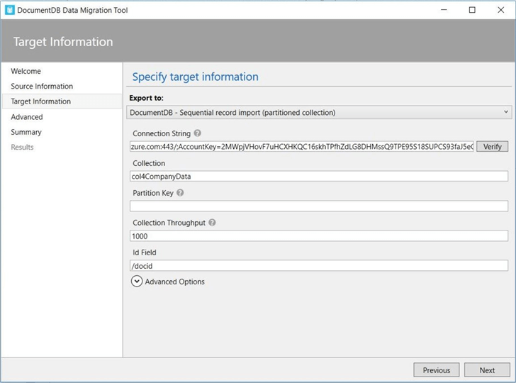 Data Migration Utility - Screen 3 - Description: Target information screen shown from migration tool.