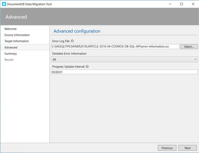 Data Migration Utility - Screen 4 - Description: Advanced configuration screen shown from migration tool.