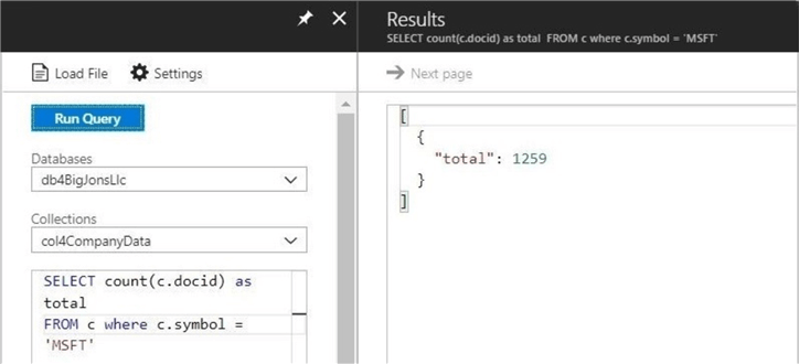 Cosmos DB - Query Explorer - Stmt #1 - Description: A count of the documents representing the MSFT stock.