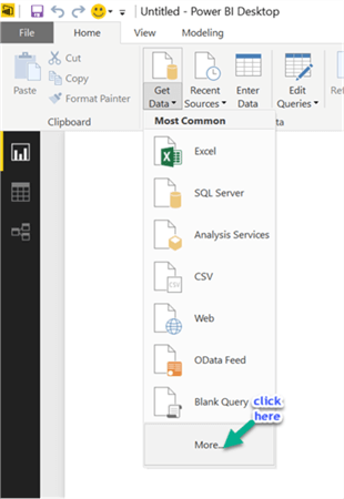 PowerBIMenu - Description: Conenct to Data sources menu in PowerBI
