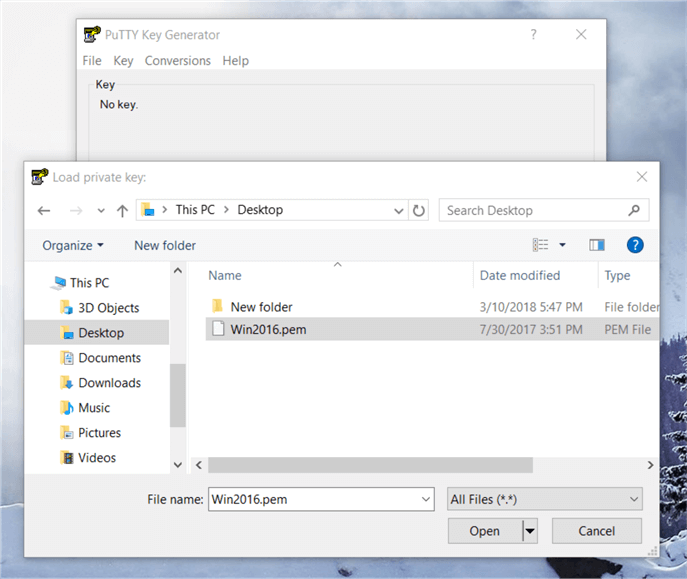 On the PuTTYgen dialog box, click on load and locate the file and select the .pem files which you download from AWS. When you build up the EC2 instance. Earlier I have Win2016.pem to load and convert into (Dot) PPK file.  Note: You may be not able to see the pem file, if so select all files in drop down list after that your pem file and hit open. 