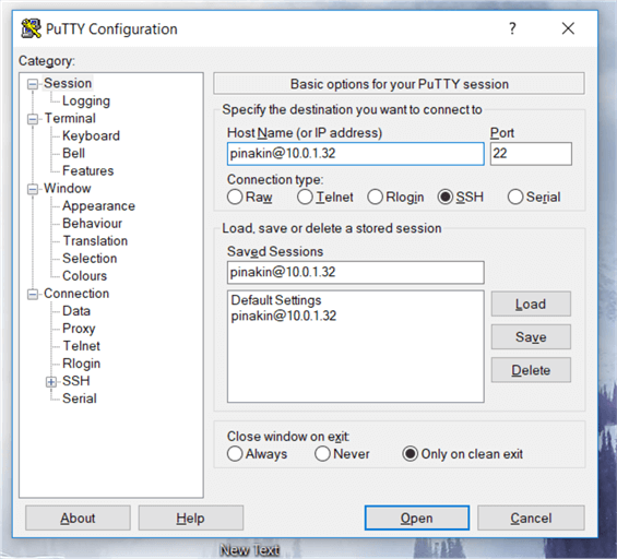 Finally, click on Open to start your SSH session.