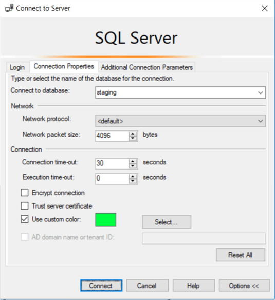 SSMS Connection Properties